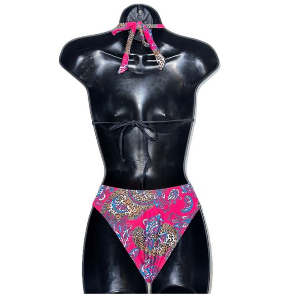 New‎ Small Pink Paisley Bikini Swimsuit Set O-Ring Triangle Padded Halter Retro - Picture 5 of 6